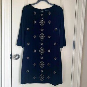 White House Black Market S Embellished Black Jersey Shift Dress Swing Sleeve